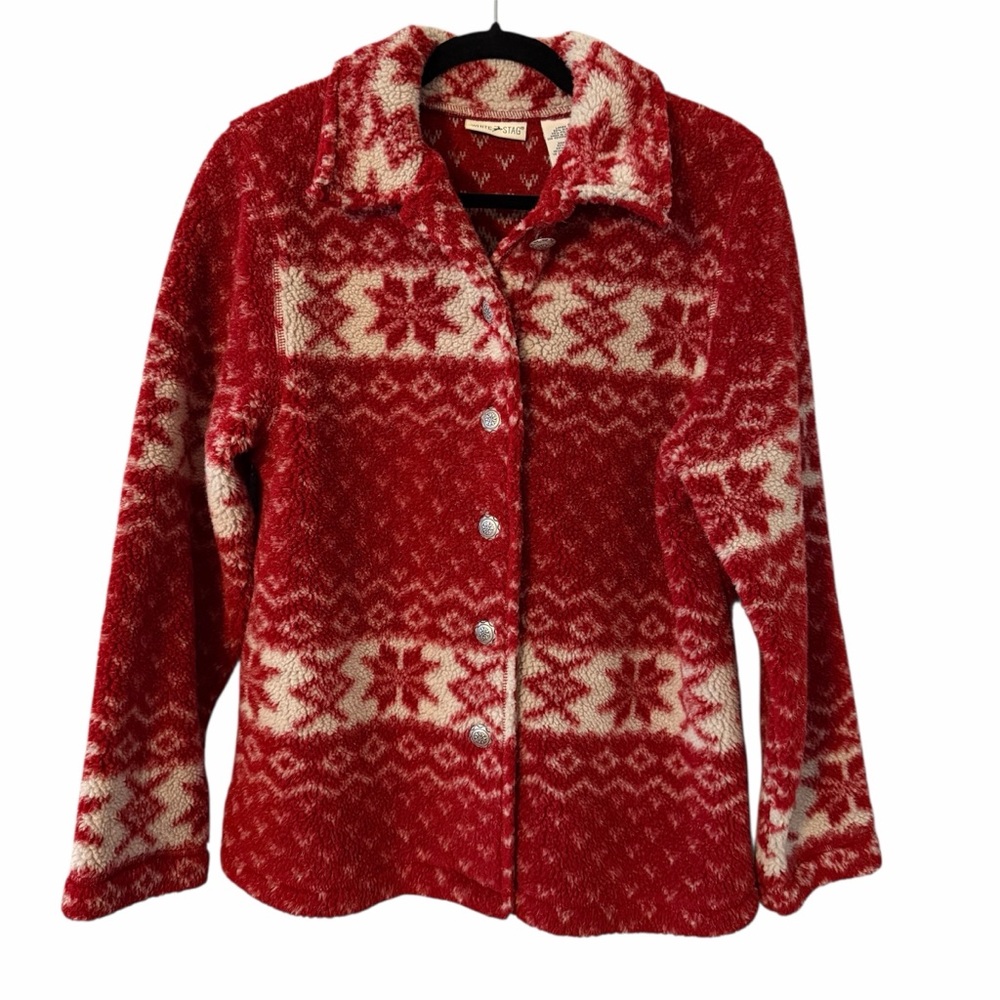 White Stag Vintage 90s Red White Fair Isle Christmas Button-Up Jacket Size Small